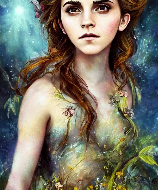 Prompt: emma watson as a fairy faerie, beautiful face, fantasy concept art by J.Dickenson