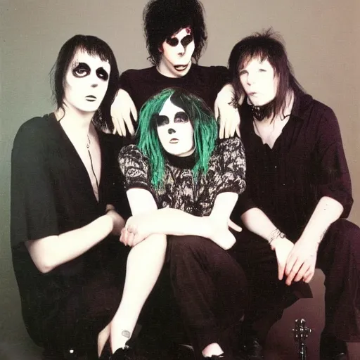 Prompt: 1 9 8 0 s goth band promo photo, fine detailed, photorealistic, portrait
