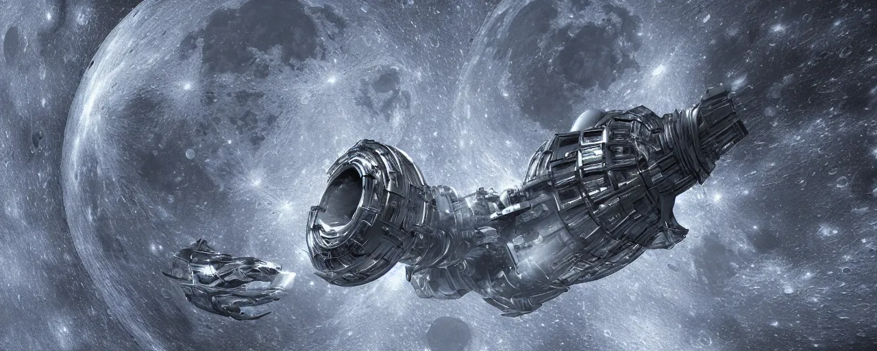 Image similar to moon as a hollow spaceship, [ scifi, cinematic, 8 k, photorealistic, ultra detailed, giger ]