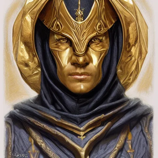 Image similar to Cult leader wearing black robes and a golden mask as a fantasy D&D character, portrait art by Donato Giancola and James Gurney, digital art, trending on artstation