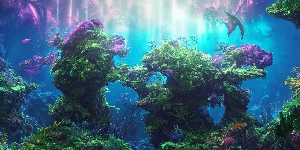 Prompt: an overgrown alien spaceshipwreck seascape with otherworldly flora, bursting with marine life. A shaft of sunlight penetrates the depths. 8k, beauty sleek design color metallic fluid 3D 4K, bioluminescence, neon, crazy fish, zoology! Fantastical creatures, unreal engine, deviant art, glowing neon vray, volumetric lighting highly detailed Octane rendering vivid cinematic lighting