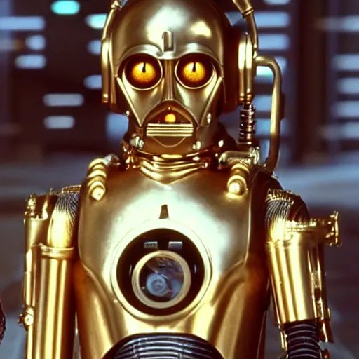 Image similar to A still of C3PO as Han Solo from Star Wars The Empire Strikes Back. Extremely detailed. Beautiful. 4K. Award winning.