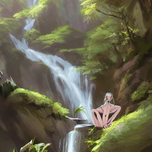 Image similar to beautiful photoshop commission of a slender dragon relaxing by a waterfall, digital painting, artstation, art by Jaime Jones
