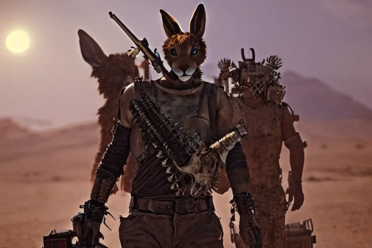 Prompt: a good ol'jackrabbit fursona ( from the furry fandom ), heavily armed and armored facing down armageddon in a dark and gritty version from the makers of mad max : fury road. witness me.