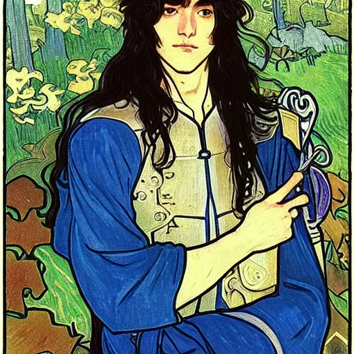 Prompt: painting of young handsome beautiful paladin elf!! man with long! wavy dark hair in his 2 0 s named taehyung minjun at the blueberry party, wearing armor!, long hair, elf ears, blue eyes, blueeyes, elegant, delicate, soft facial features, art, art by alphonse mucha, vincent van gogh, egon schiele,