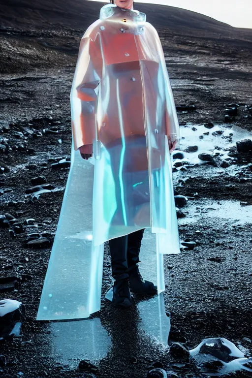 Image similar to an ultra high definition professional high fashion portrait studio full length photograph of a model wearing a transparent pearlescent raincoat and neon visor in an icelandic black rock environment at dawn. no artefacts. extremely detailed. stark. refraction. shallow depth of field. volumetric light and shadow. ray tracing. light rays.