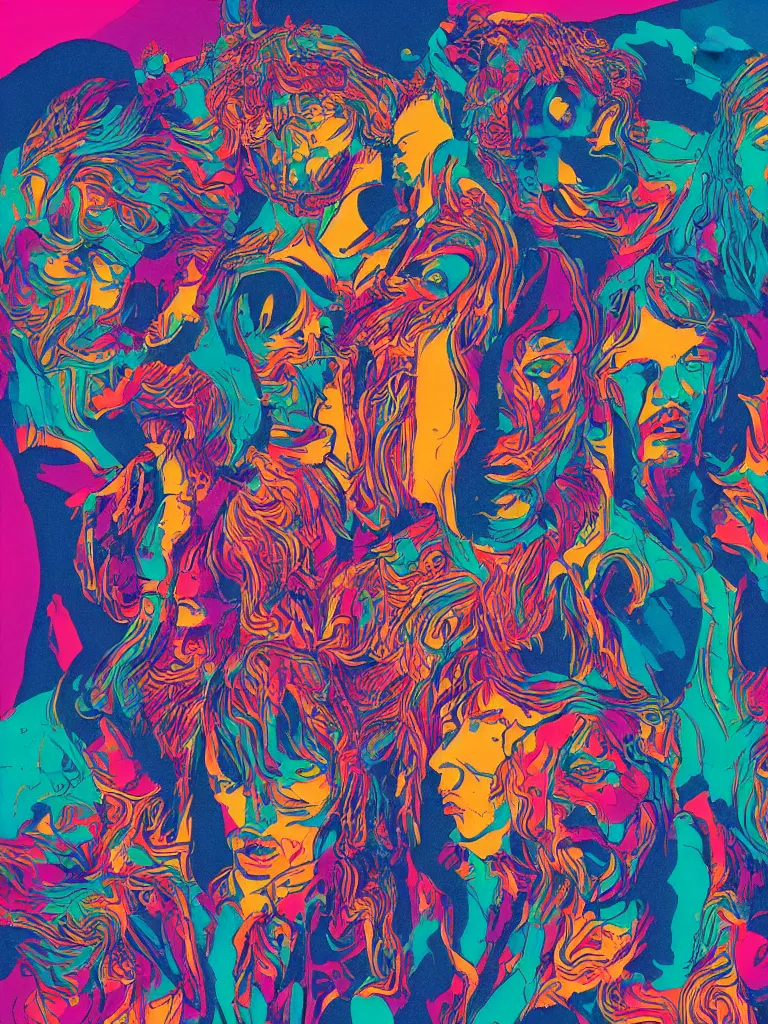 Prompt: a psychedelic poster of khruangbin trio musicians by james jean, paul lehr, krizpii, christian orrillo, risography print,