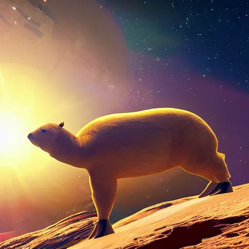 Image similar to humanoid capybara in a futuristic space suit, standing on the crest of a hill, no mans sky style