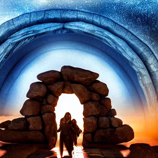 Image similar to stargate made of stone that form a circle, cinematic view, epic sky, highly detailed
