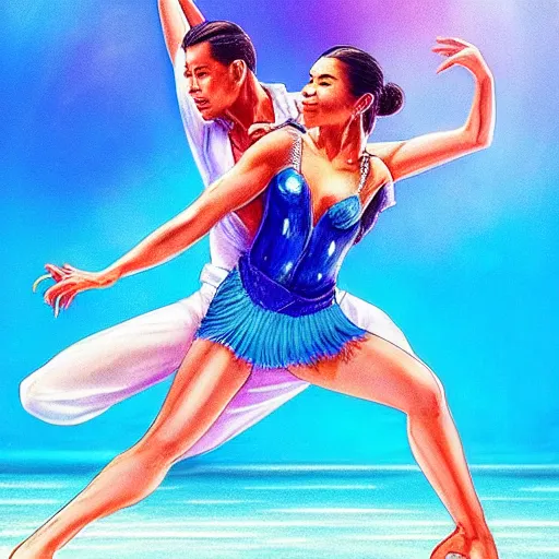 Image similar to semi realistic portrait Salsa Dancing inside clear blue ocean water by AquaSixio, Stanley, strong color overlay, rim light and highlights , by Artgerm Lau, Gesture draw, Salsa Social Dance, couple, Salsa tricks, WLOP, Rossdraws, Gesture draw, James Jean, Andrei Riabovitchev, Marc Simonetti, and Sakimichan, trending on artstation