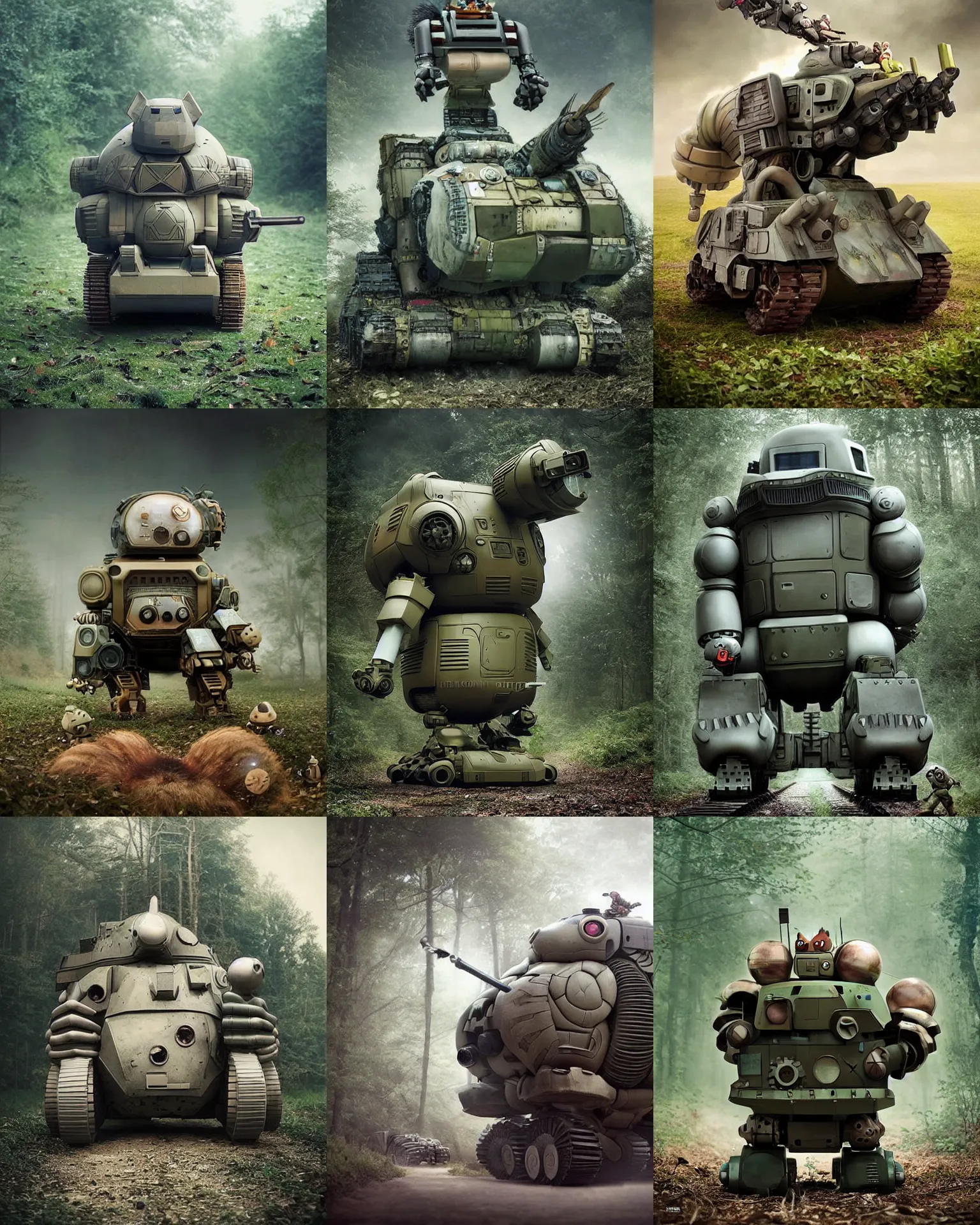 Prompt: giant oversized battle hedgehog robot wacky chubby war mech tank vehicle! train with giant oversized hair ,nose and hedgehog babies ,on forest path , full body , Cinematic focus, Polaroid photo, vintage , neutral dull colors, foggy , by oleg oprisco , by thomas peschak, by discovery channel, by victor enrich , by gregory crewdson