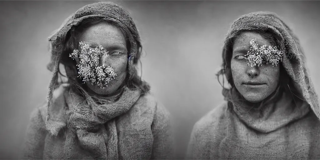 Prompt: portrait photography tyrolean female farmer, leaves and edelweiss growing from face, hay cloths, desaturated, fog, 1. 2 f, 3 5 mm, dark, fog, 1 9 2 0 s ghost photography