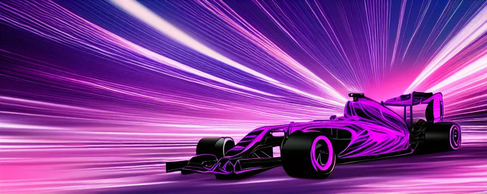 Image similar to abstract illustration of a formula one car, synthwave, purple and pink, motion blur, light streaks