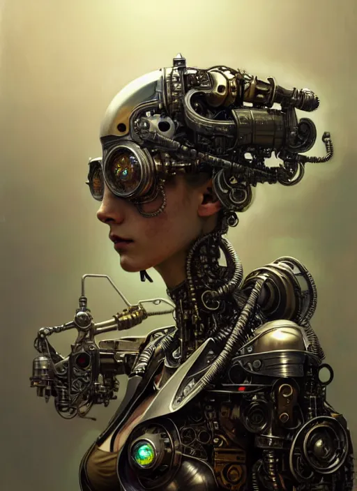 Image similar to diesel punk cyborg, diffuse lighting, fantasy, intricate, elegant, highly detailed, lifelike, photorealistic, digital painting, artstation, illustration, concept art, smooth, sharp focus, art by John Collier and Albert Aublet and Krenz Cushart and Artem Demura and Alphonse Mucha