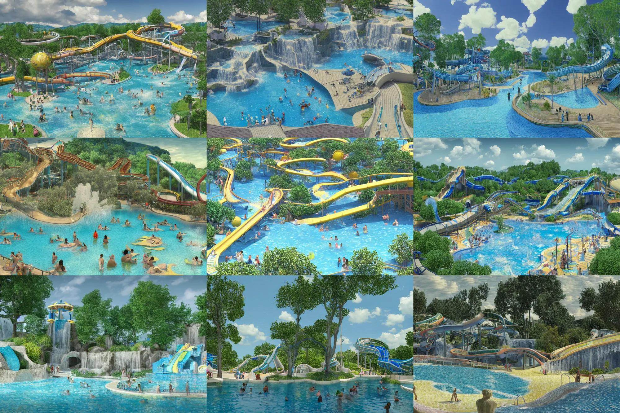 Prompt: 3 d render of a waterpark designed by vincent van gogh, happy scene, ethereal and dreamlike, waterfalls, magnificent structures, octane render