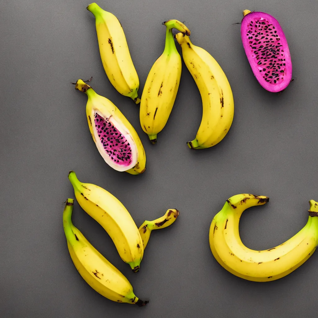 Image similar to banana in the shape of dragon fruit, hyper real, food photography, high quality