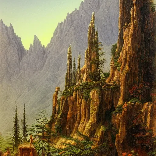 Image similar to A beautiful and highly detailed oil painting of beautiful lost temple in the mountains, detailed trees and cliffs, intricate details, by Caspar Friedrich