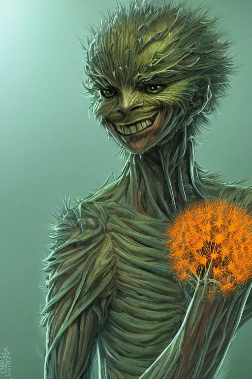 Image similar to a humanoid figure dandelion plant monster, orange eyes, highly detailed, digital art, sharp focus, ambient lighting, trending on art station, anime art style