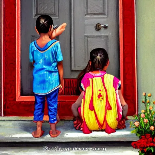 Prompt: indian sister putting on a raksha bandhan bracelet on the left hand of her brother, both sitting on the steps of their house front entrance. happy raksha bandhan theme. high detailed oil painting by charlie bowater