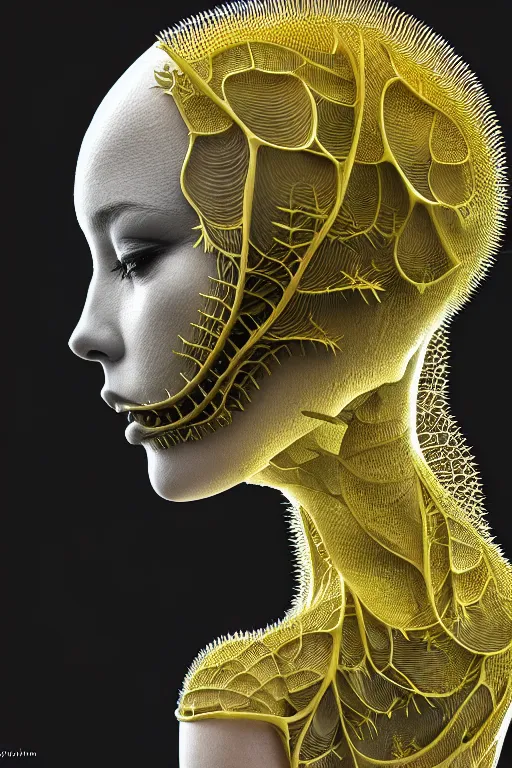 Image similar to intricate hyper detailed ultra sharp 3 d render of a beautiful porcelain biomechanical woman profile portrait, large pore fungi embroidered, cyberpunk art nouveau, haute couture alexander mcqueen leaves stems dahlia transparent fractal dandelion yellow pistil filigree roots, octane render, volumetric cinematic lighting, 8 k post - production