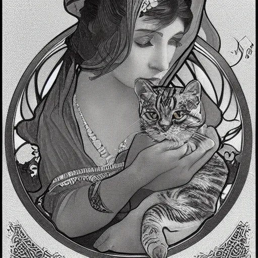 Prompt: gray tabby cat highly detailed in the style of Alphonse Mucha