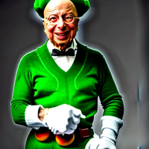 Image similar to uhd candid photo of hyperdetailed klaus schwab dressed as luigi. correct face, accurate luigi costume, cinematic lighting, photo by annie leibowitz, and steve mccurry.