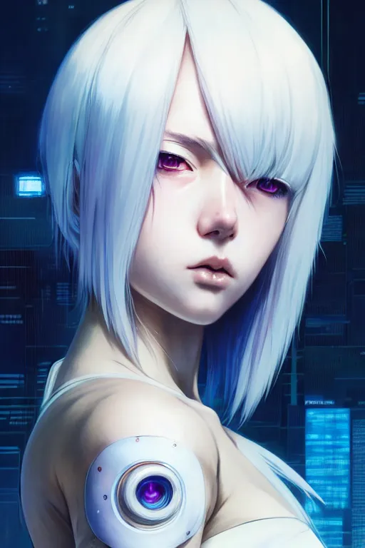 Image similar to portrait Anime cyborg girl, cyberpunk, cute-fine-face, white-hair pretty face, realistic shaded Perfect face, fine details. Anime. realistic shaded lighting by Ilya Kuvshinov katsuhiro otomo ghost-in-the-shell, magali villeneuve, artgerm, rutkowski, WLOP Jeremy Lipkin and Giuseppe Dangelico Pino and Michael Garmash and Rob Rey