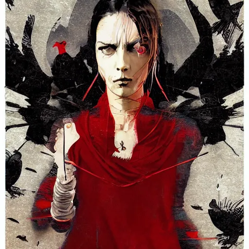 Image similar to portrait of a daydreaming melancholic latin woman in red monk habit being progressively rasterized into pixels from another world, she is surrounded by digital birds, oil on canvas game poster by yoji shinkawa, esao andrews, dave mckean and stina persson