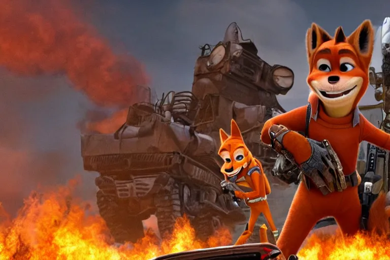 Image similar to nick wilde, heavily armed and armored facing down armageddon in a dark and gritty reboot from the makers of mad max : fury road