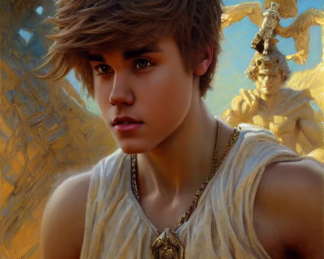 Image similar to attractive justin bieber as a god. highly detailed painting by gaston bussiere, craig mullins, j. c. leyendecker 8 k