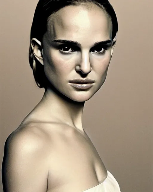 Image similar to symmetrical young natalie portman portrait cream white background, soft diffused light, bjork aesthetic, translucent, by rineke dijkstra, intricate details, highly detailed, masterpiece,