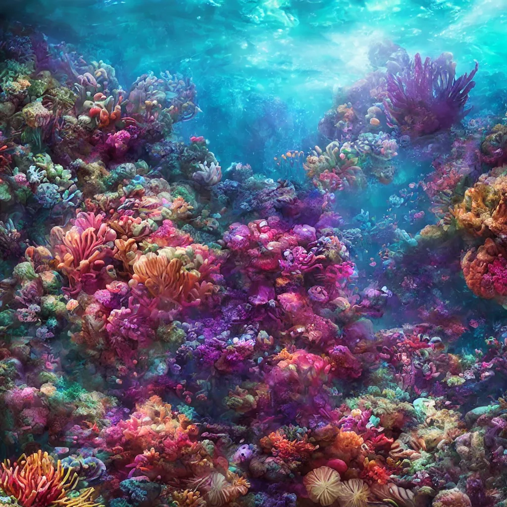 Image similar to intricate alien anemones and coral reef with happy faces, underwater photography, soft focus, soft lighting, by Pixar, by Alena Aenami