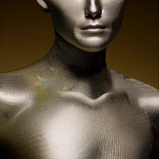 Prompt: a beautiful male android made of holographic metal, photographed by erwin olaf