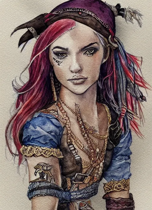 Image similar to intricately detailed watercolor of a female pirate wearing intricately designed clothes, featured on deviantart