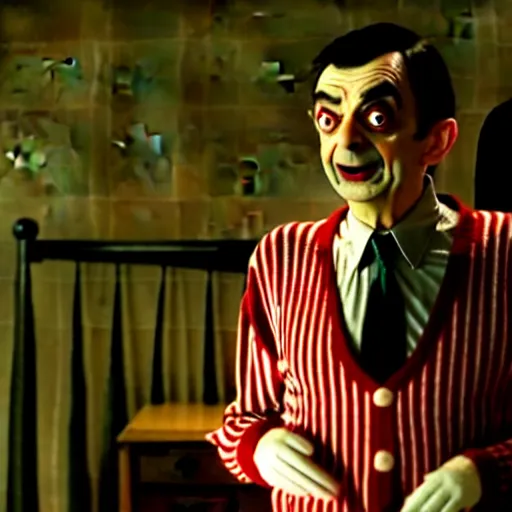 Image similar to mr. bean as freddie krueger. movie still. cinematic lighting.