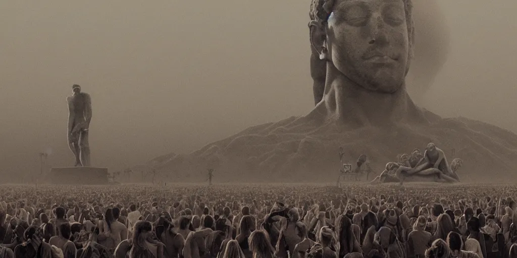 Prompt: highly detailed photograph of coachella with crowds centered around statue of a roman mark zuckerberg, dust storm, cinematic, ultra realistic, realism, intricate, digital art, ambient, by beksinski, by jamie hewlett, gothic art style, 3 5 mm film grain, artstation