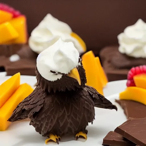 Prompt: a bald eagle made of chocolate powder, mango, and whipped cream