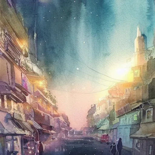 Image similar to Beautiful happy picturesque charming sci-fi city in harmony with nature. Beautiful light. Nice colour scheme, soft warm colour. Beautiful detailed watercolor by Lurid. (2022)