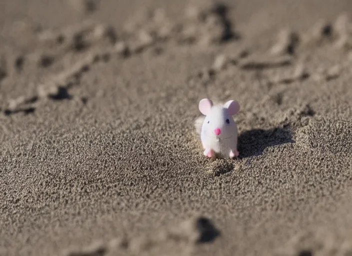 Prompt: dslr photo still of a little white mouse inside an intricate sand castle on wet sand in a bright sunny day, 8 k, 8 5 mm f 1. 4