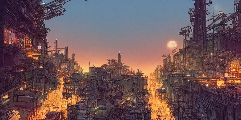 Image similar to ”a diesel punk city vista, Twilight, city lights, reflections, glares, perspective sky, HD, 8k, in the style of Katsuhiro Otomo, Ian mcque”