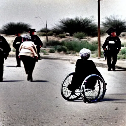 Prompt: Old woman in a wheelchair is chased by the police at very high speed. police cars in the background chasing the woman. texas desert. dramatic journalism, colored photo. 1970.