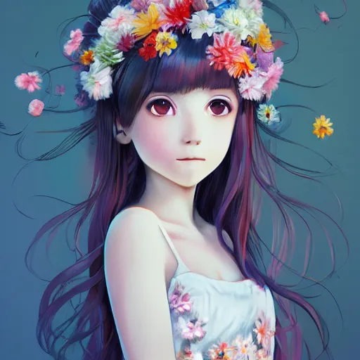 Image similar to little girl with flowers in hair wearing an dress made of feathers, anime style, art by ilya kuvshinov, 8 k, concept art