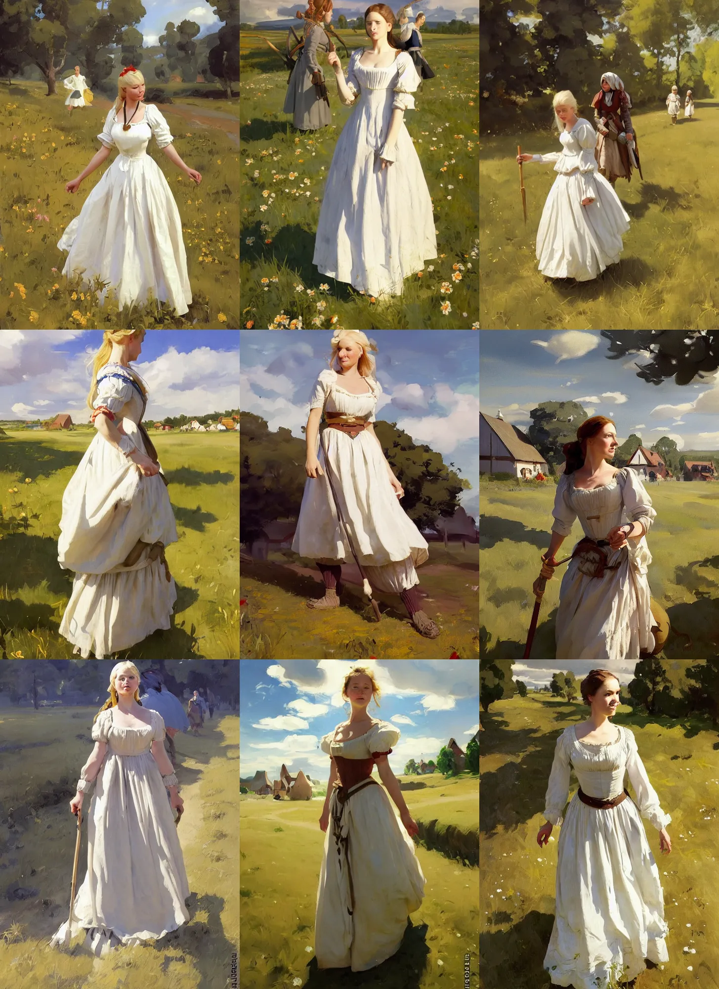 Image similar to finnish norway scandinavian attractive village maiden wearing 1 7 th century bodice walking in the field in a sunny day, jodhpurs greg manchess painting by sargent and leyendecker, studio ghibli, fantasy, medium shot, asymmetrical, intricate, elegant, matte painting, illustration, hearthstone, by greg rutkowski, by greg tocchini, by james gilleard