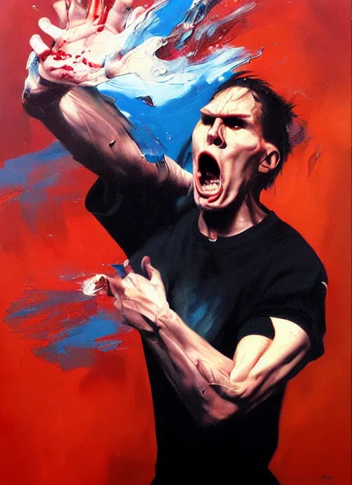 Image similar to jerma985 screeching, rage face, furious, spit flying from mouth, motion blur, smeared face, arms thrown up painting by phil hale!!! hd high quality