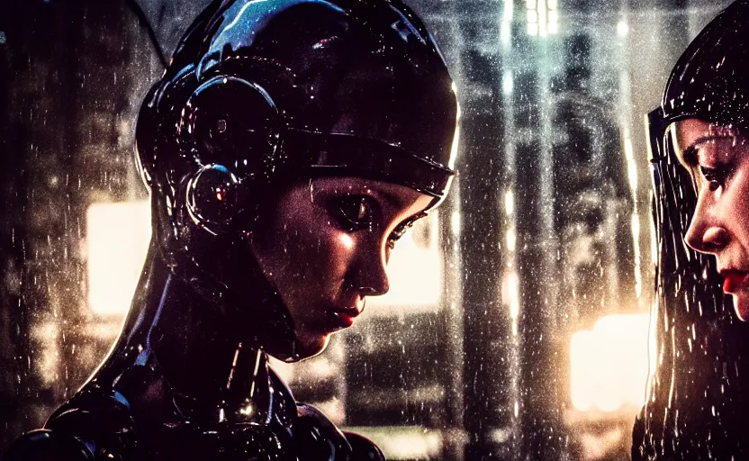 Image similar to cinestill 5 0 d candid photographic portrait by steven spielberg of two loving female androids sobbing wearing rugged black mesh techwear in treacherous waters, flooded city, medium closeup, retrofuturism cyberpunk moody emotional cinematic, pouring iridescent rain bright spotlight helicopter, 8 k, hd, high resolution, 3 5 mm, f / 3 2, ultra realistic faces, ex machina