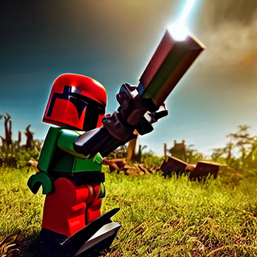 Prompt: Boba Fett made of Legos fighting Darth Vader as a Minecraft Skin in a field, dramatic lighting photo