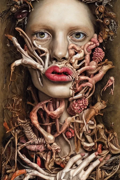 Image similar to Detailed maximalist portrait of a greek god with large lips and eyes, scared expression, botanical anatomy, skeletal with extra flesh, HD mixed media, 3D collage, highly detailed and intricate, surreal illustration in the style of Jenny Saville, dark art, baroque, centred in image