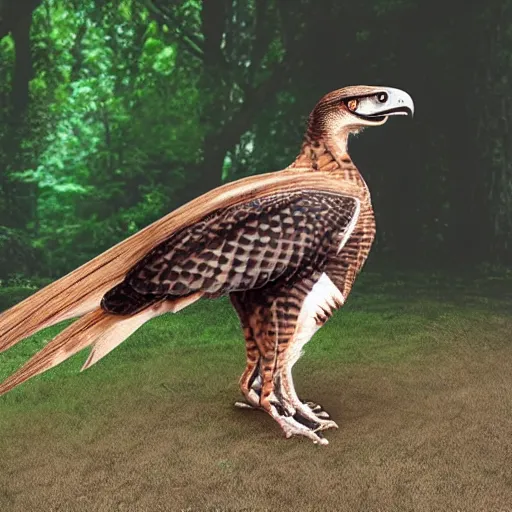 Prompt: hawk morphed with a velociraptor hybrid animal, high quality photo taken in zoo, realistic