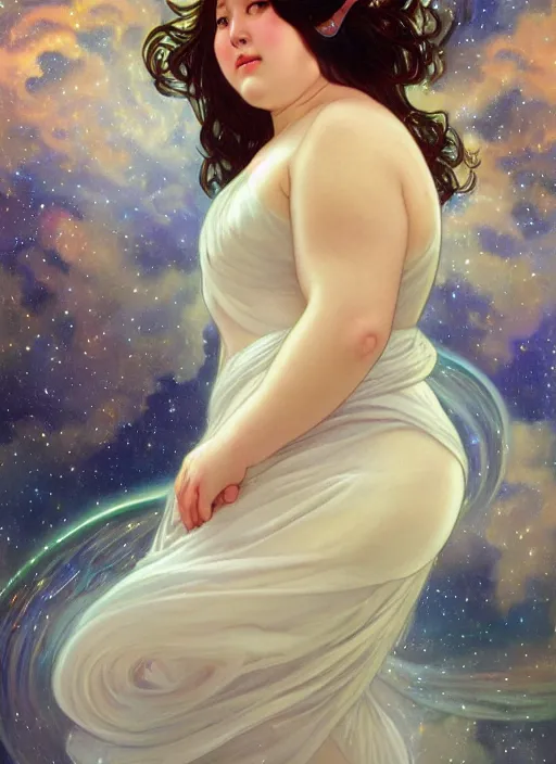 Image similar to a chubby woman with pointed ears, wearing a white sundress, and a swirling sparkling cloud galaxy nebula for hair, realistic painting by ross tran and gerald brom and alphonse mucha, artgerm, trending on artstation