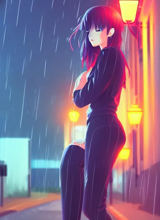 Image similar to listening to music at 2 am, night, pretty girl, pose, rain, lofi, lofi, peaceful, street light, anime key visual, poster, street wears, anime, by wlop, high quality, 4 k, trending, trending on artstation